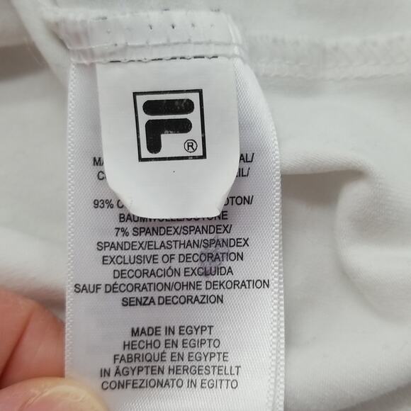 Fila Womens SZ XL Tee T Shirt White Outline Spellout TINY FLAW Stretch Boxy Fit - Picture 8 of 11